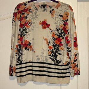 Talbots 3/4 sleeve ivory pink red floral black stripes sweater top woman's XLP